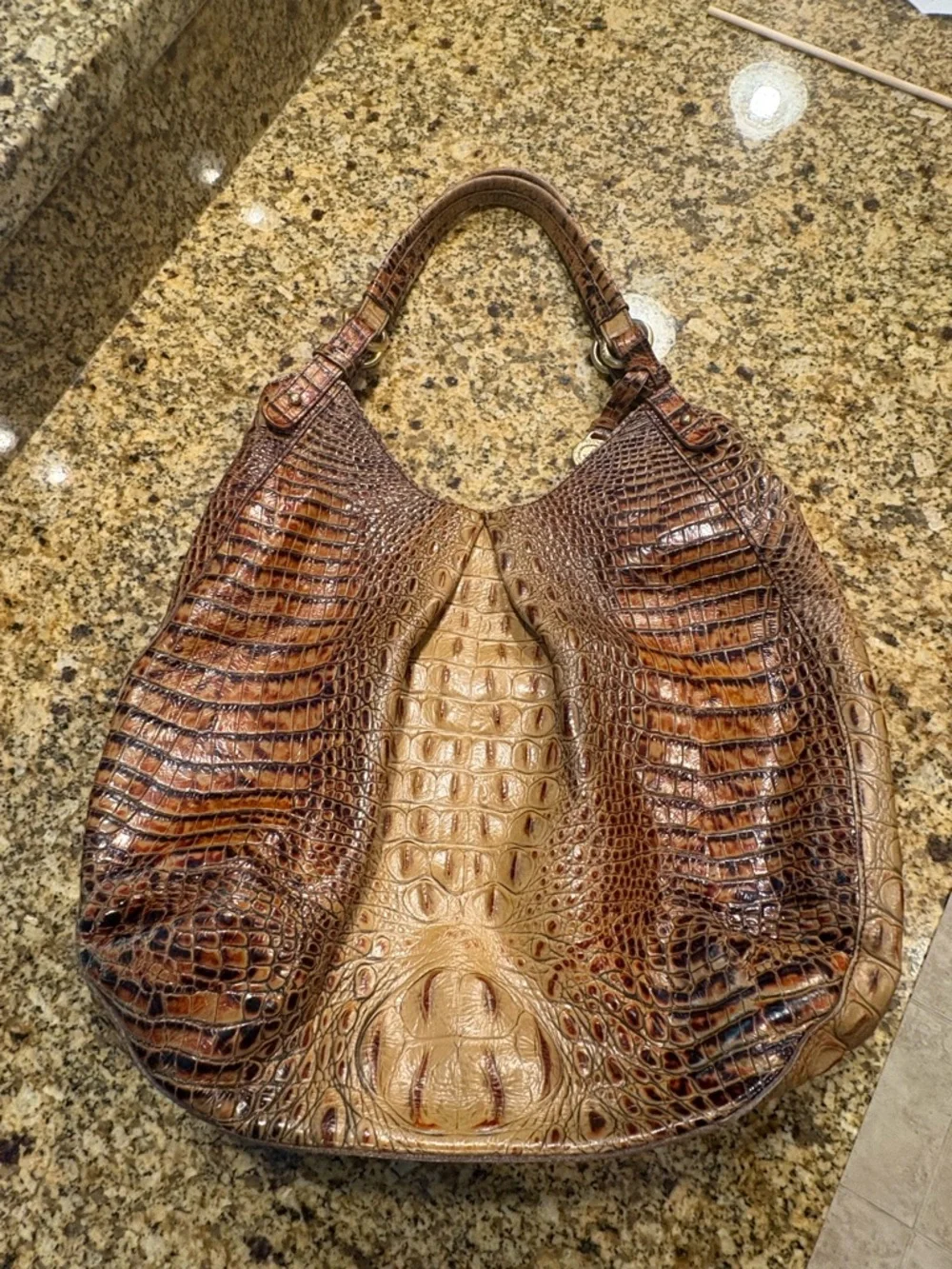 BRAHMIN Ltd Edition ANNE Toasted Almond Brown Croc Embossed Hobo Handbag Purse